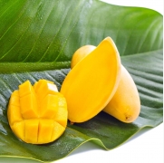 Yellow Mango fruit on banana leaf against white background